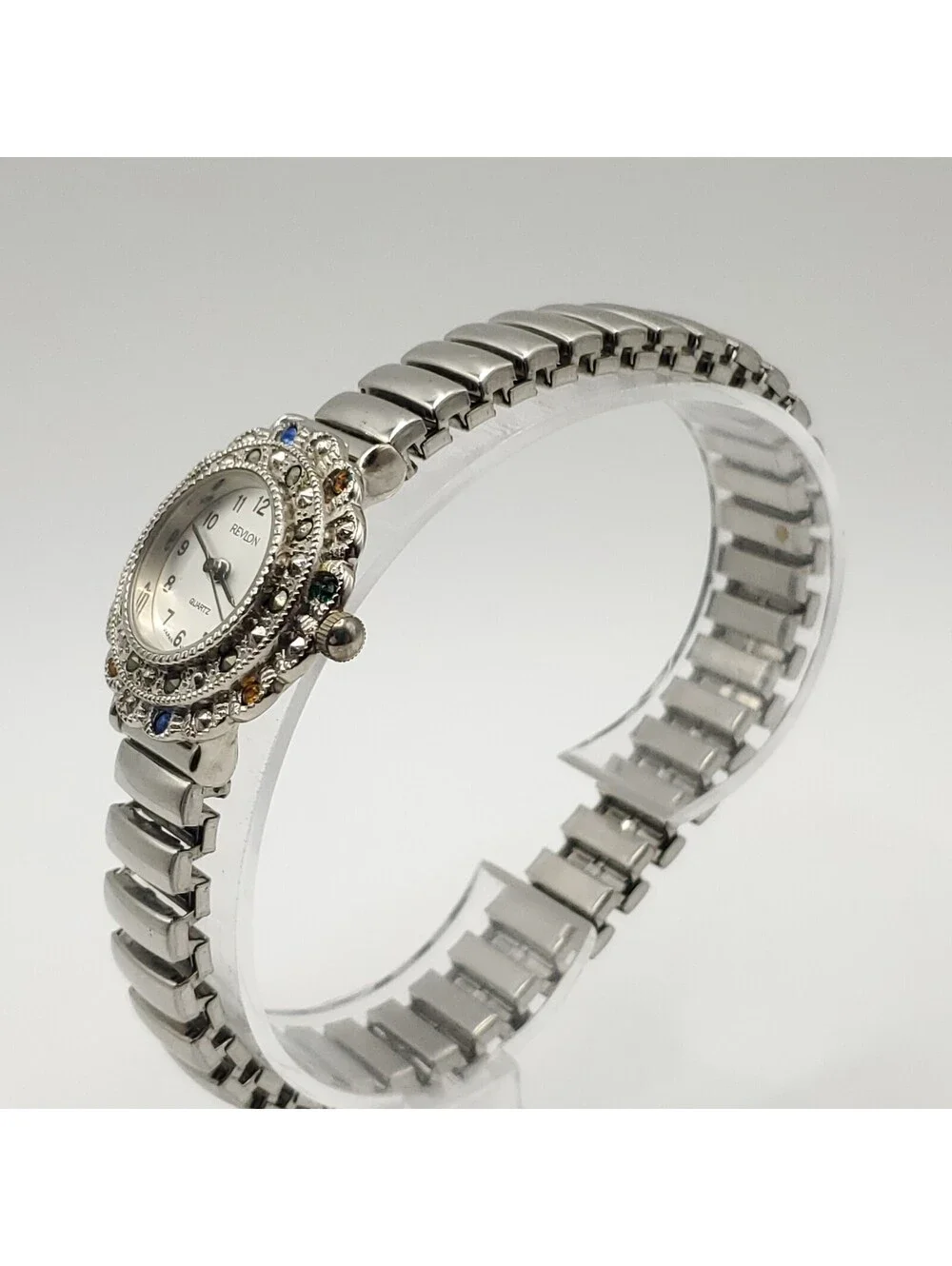 Revlon Multicolor Gem Bezel Quartz Womens Watch 26mm Stretch Band New Battery